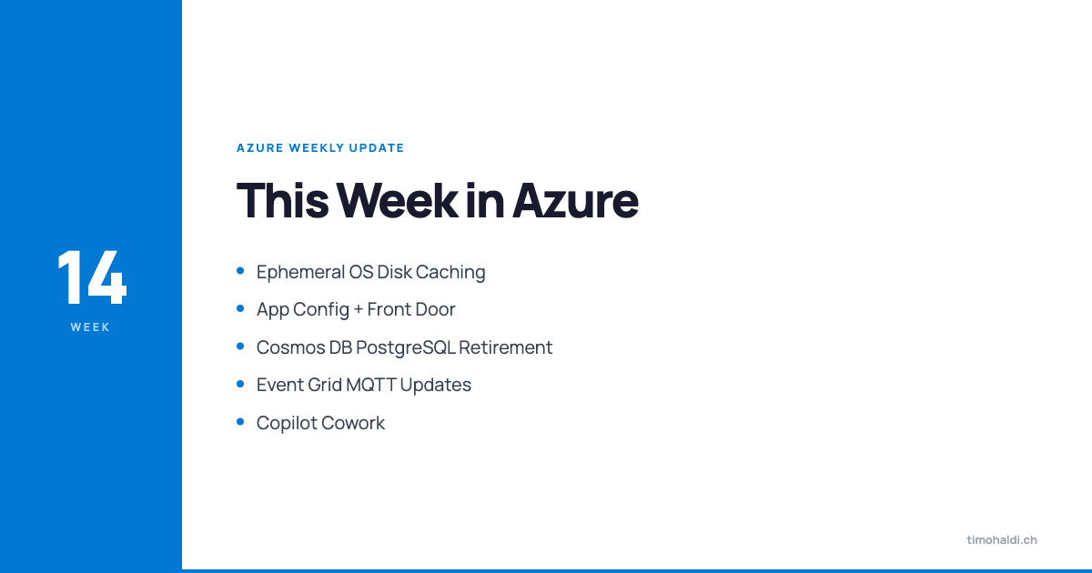 VM ephemeral disk caching diagram, Azure Front Door app config integration, and Event Grid MQTT flow