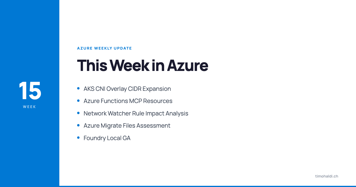 AKS CNI overlay expansion, Azure Functions MCP resource triggers, and Foundry Local runtime