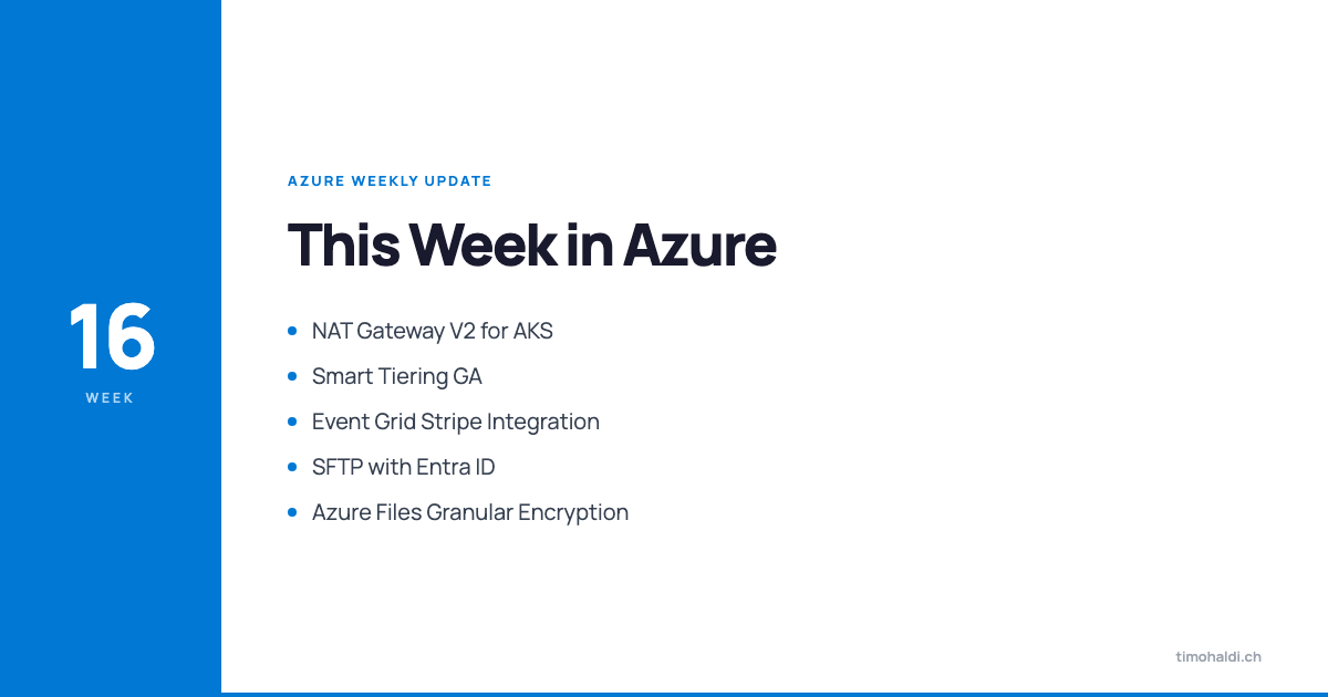 NAT Gateway V2 for AKS, Smart Tiering GA, Event Grid Stripe integration, and Azure Files granular encryption