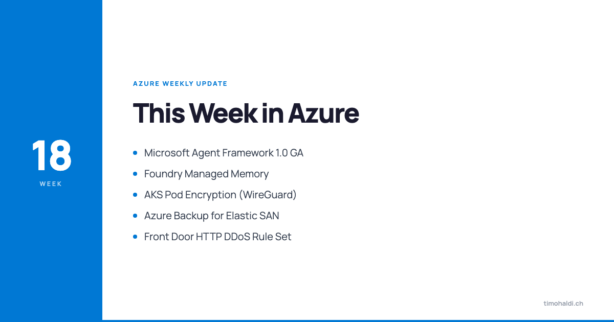 AKS pod encryption with WireGuard, Foundry Managed Memory, Microsoft Agent Framework 1.0, and Azure Backup for Elastic SAN
