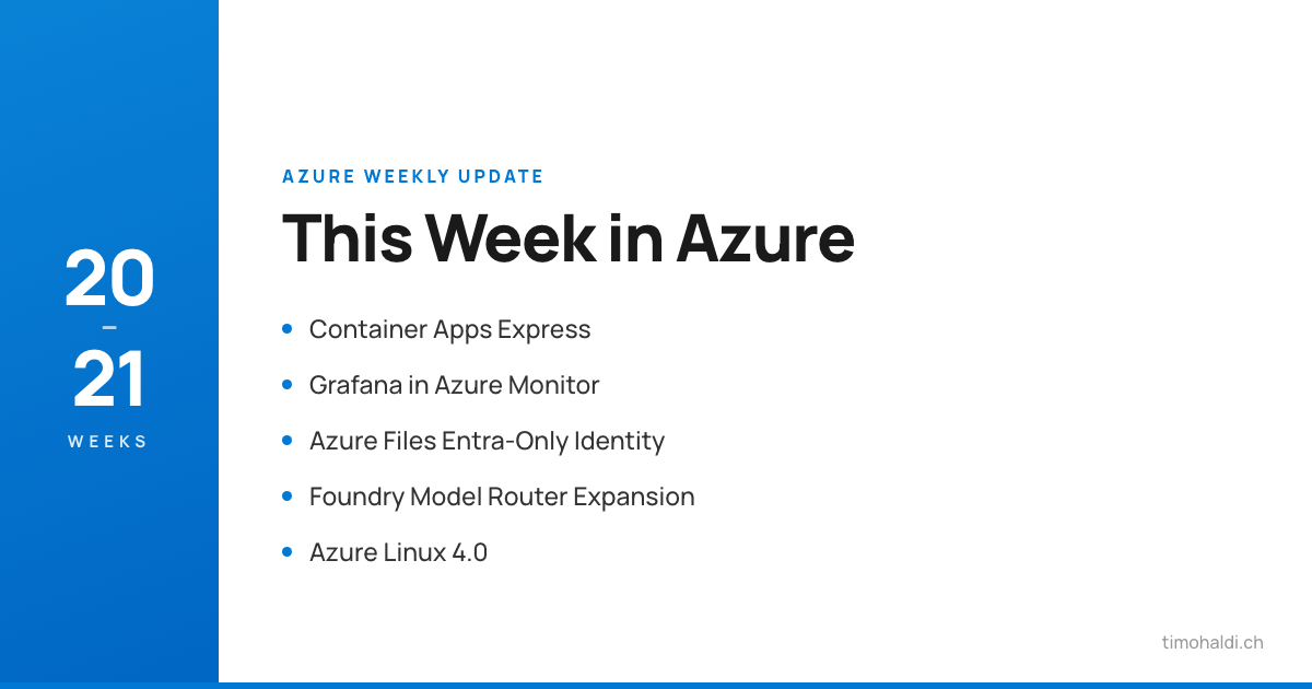 Azure Container Apps Express, Grafana in Azure Monitor, Azure Files Entra-only identity, Foundry Model Router, and Azure Linux 4.0