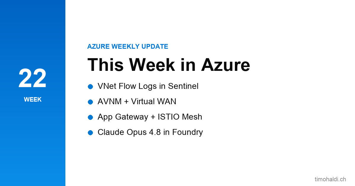 Virtual network flow logs in Sentinel, AVNM + Virtual WAN, App Gateway for Containers with ISTIO, and Claude Opus 4.8 in Foundry