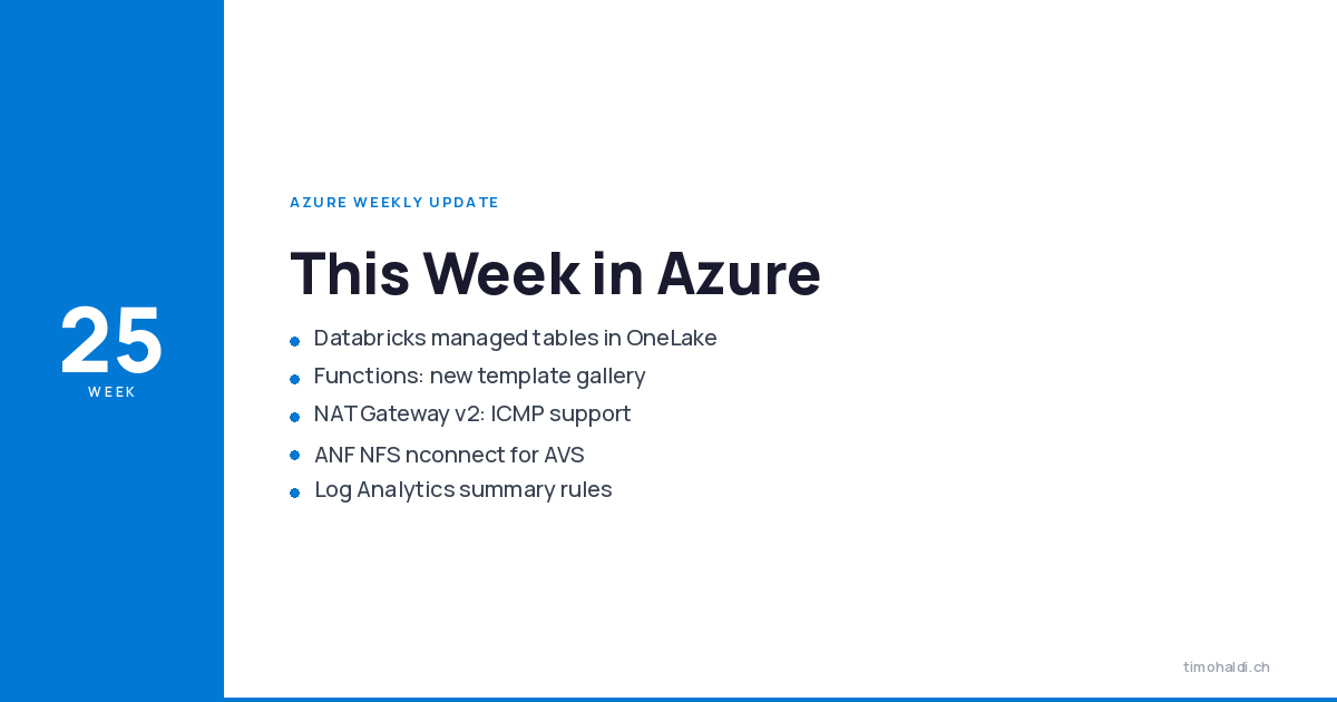 Databricks managed tables in OneLake, Functions template gallery, NAT Gateway v2 ICMP, ANF nconnect for AVS, and Log Analytics summary rules
