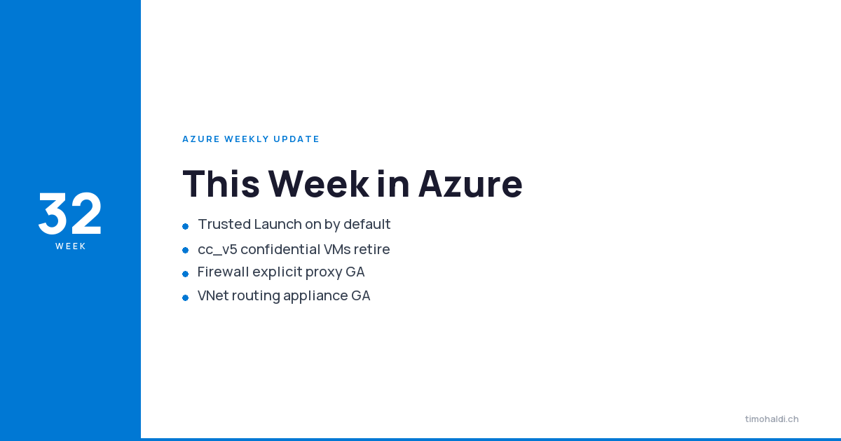 Trusted Launch as default for Gen2 VMs, cc_v5 confidential VM retirement, Azure Firewall explicit proxy GA, and the Virtual Network routing appliance